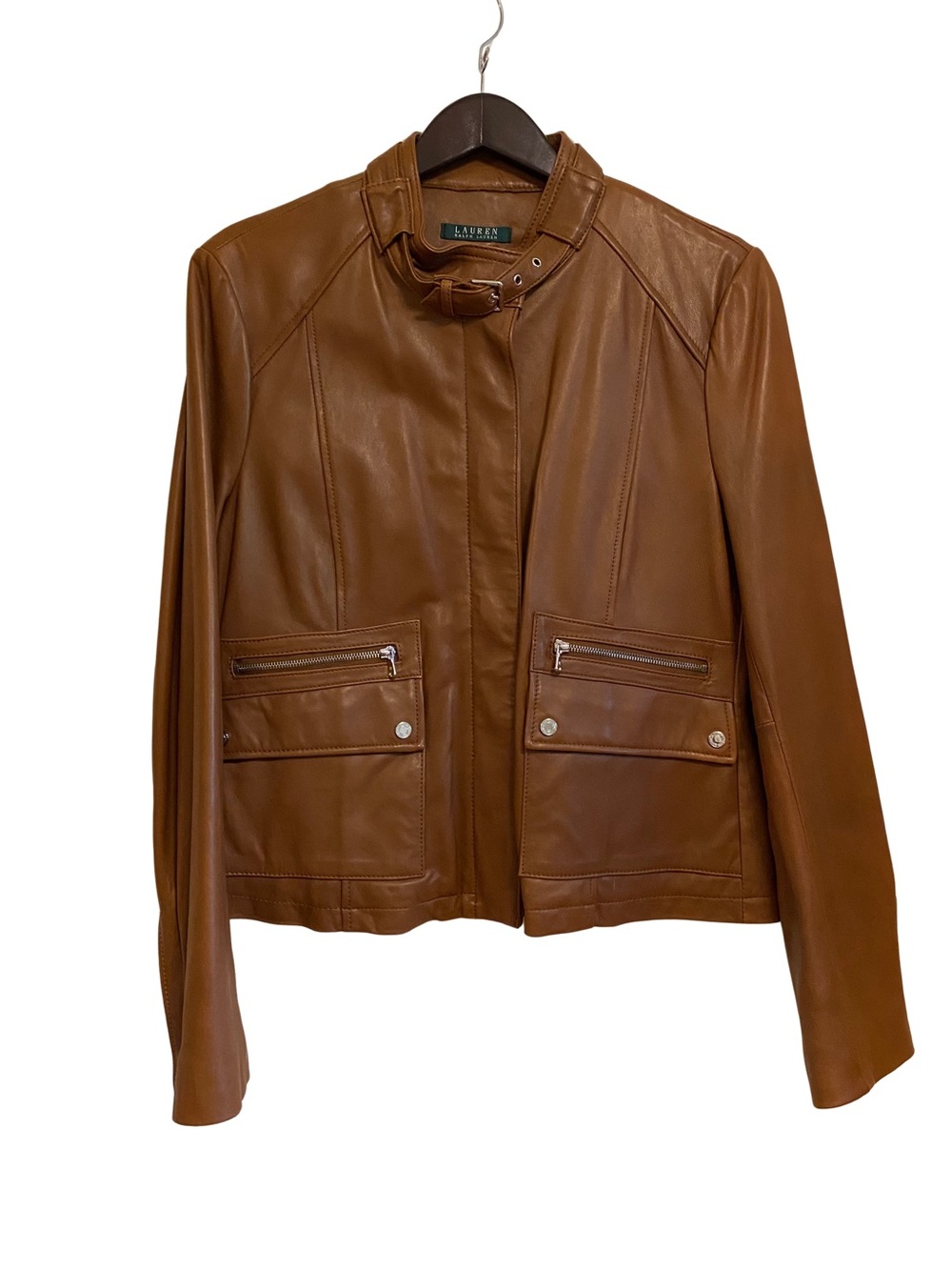 NWT Lauren Ralph Lauren Cognac Brown Leather Jacket with Buckle Collar $399 USD